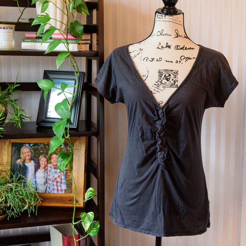 J. Crew charcoal gray ruched V-neck short sleeve top